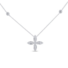SPECIAL!.30ct G SI 14K White Gold Round & Baguette Diamond Cross Flower Pendant Necklace 16" Long