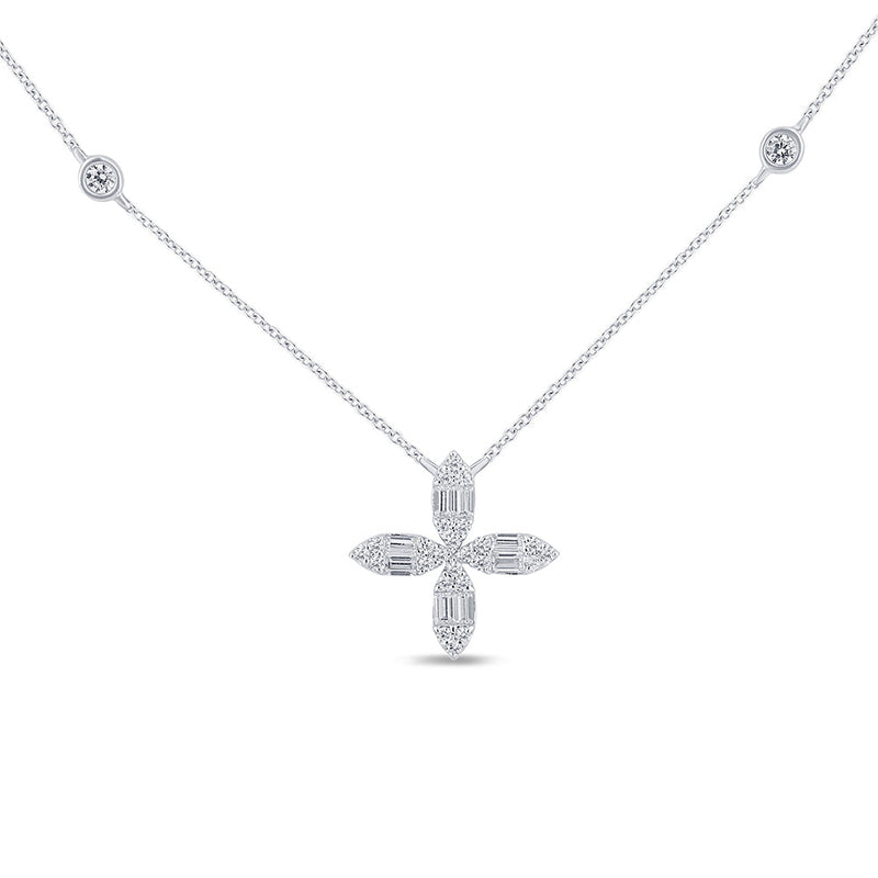 SPECIAL!.30ct G SI 14K White Gold Round & Baguette Diamond Cross Flower Pendant Necklace 16" Long