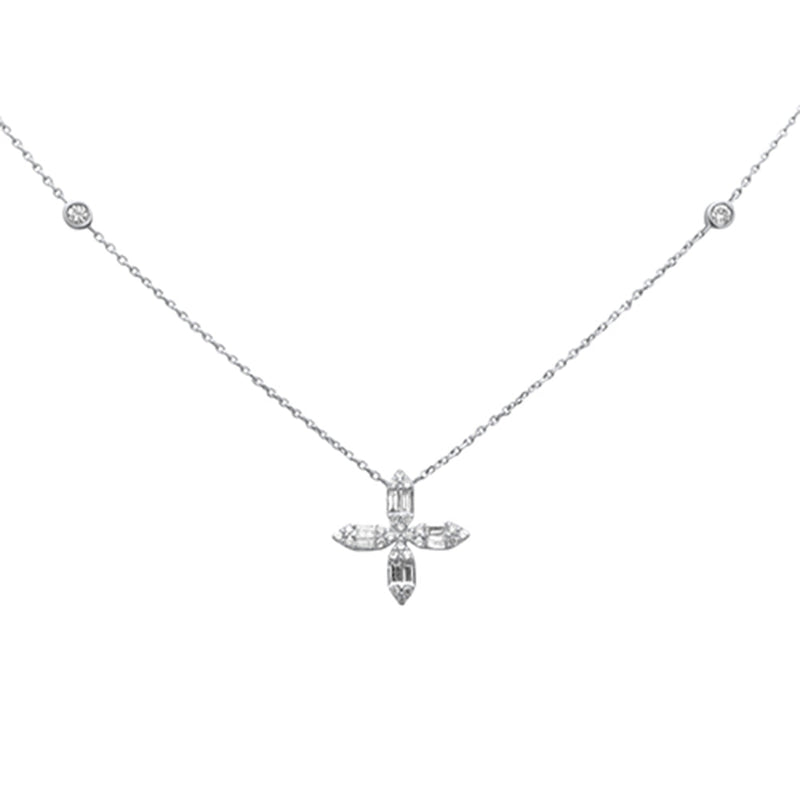 SPECIAL!.30ct G SI 14K White Gold Round & Baguette Diamond Cross Flower Pendant Necklace 16" Long
