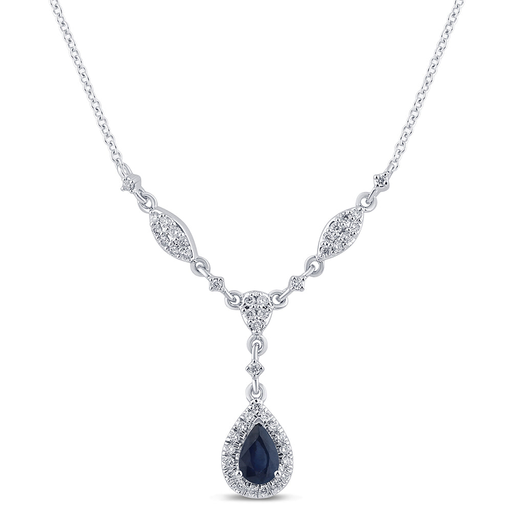 SPECIAL!.84ct G SI 14K White Gold Diamond & Blue Sapphire Gemstone Drop Pendant Necklace 16+2" Ext Long