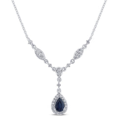 SPECIAL!.84ct G SI 14K White Gold Diamond & Blue Sapphire Gemstone Drop Pendant Necklace 16+2" Ext Long
