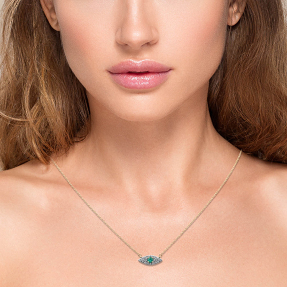 SPECIAL!.36ct G SI 14K Yellow Gold Diamond & Natural Emerald Gemstones Evil Eye Pendant Necklace 18" Long