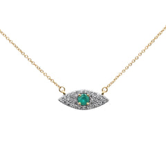 SPECIAL!.36ct G SI 14K Yellow Gold Diamond & Natural Emerald Gemstones Evil Eye Pendant Necklace 18" Long