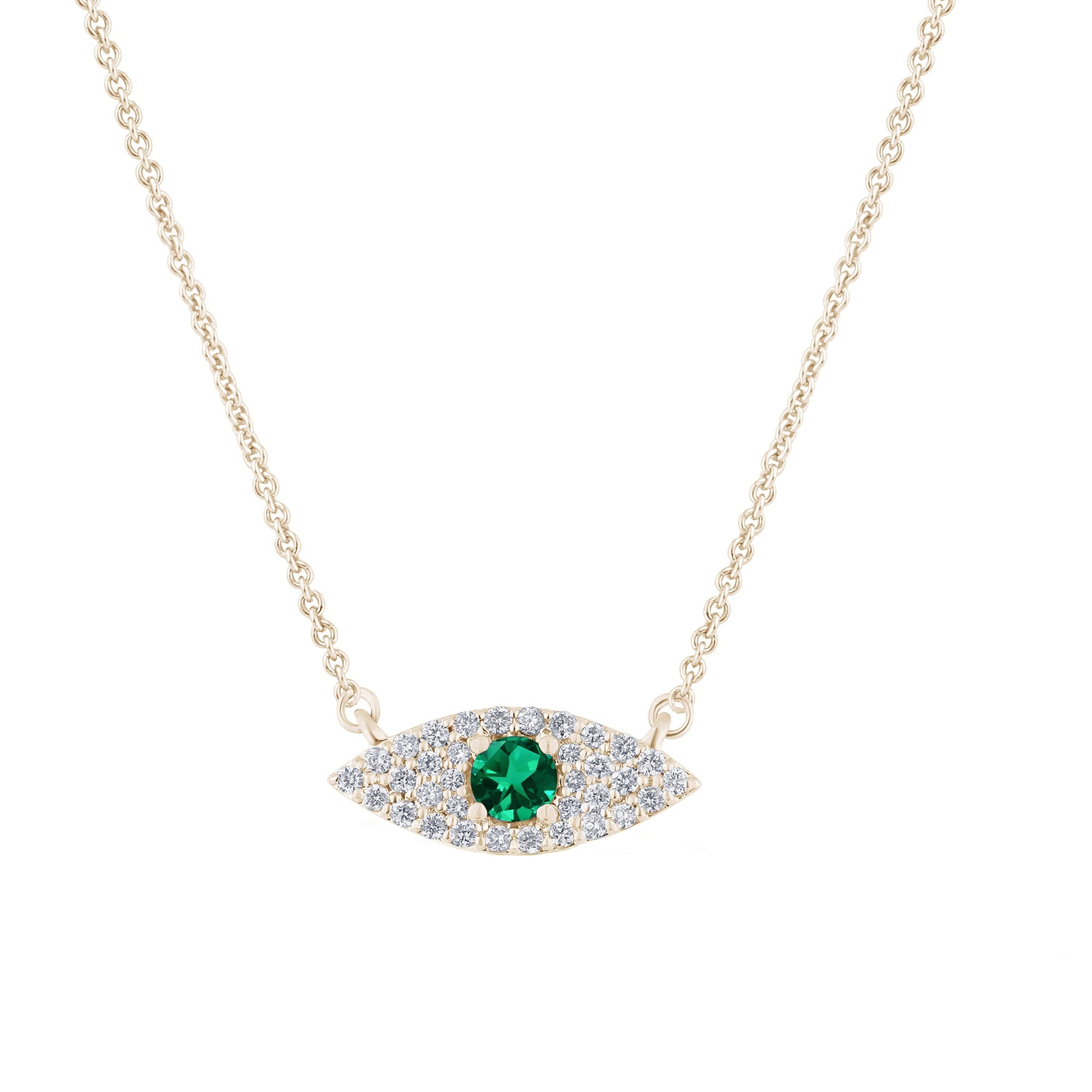 SPECIAL!.36ct G SI 14K Yellow Gold Diamond & Natural Emerald Gemstones Evil Eye Pendant Necklace 18" Long