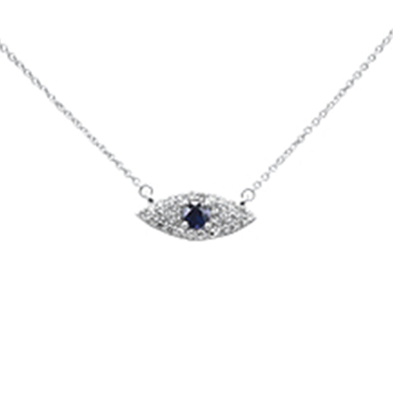 SPECIAL!.43ct G SI 14K White Gold Diamond & Blue Sapphire Gemstone Evil Eye Pendant Necklace 18" Long