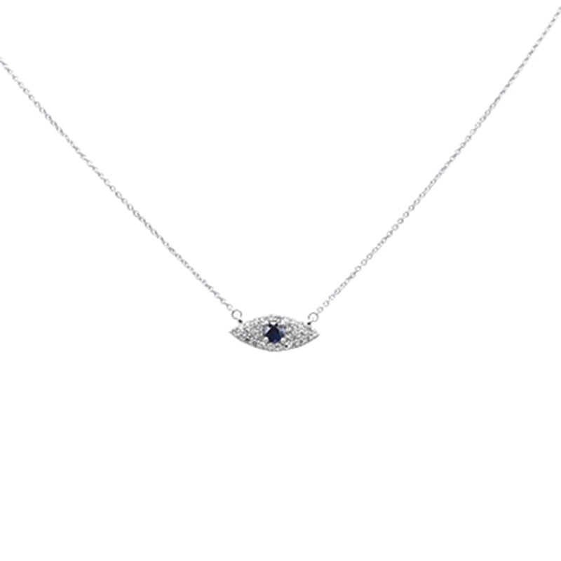 SPECIAL!.43ct G SI 14K White Gold Diamond & Blue Sapphire Gemstone Evil Eye Pendant Necklace 18" Long