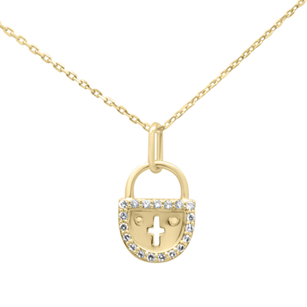 .15ct G SI 14K Yellow Gold Diamond Lock Pendant Necklace 18" Long Chain