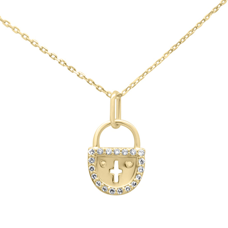.15ct G SI 14K Yellow Gold Diamond Lock Pendant Necklace 18" Long Chain