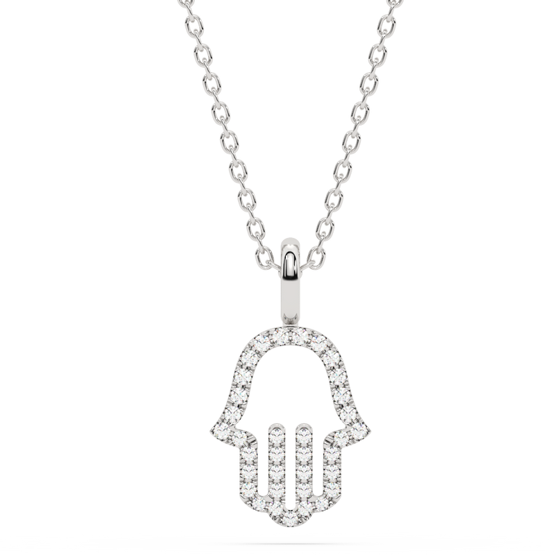 .08ct G SI 14K White Gold Diamond Hamsa Pendant Necklace 18" Long Chain