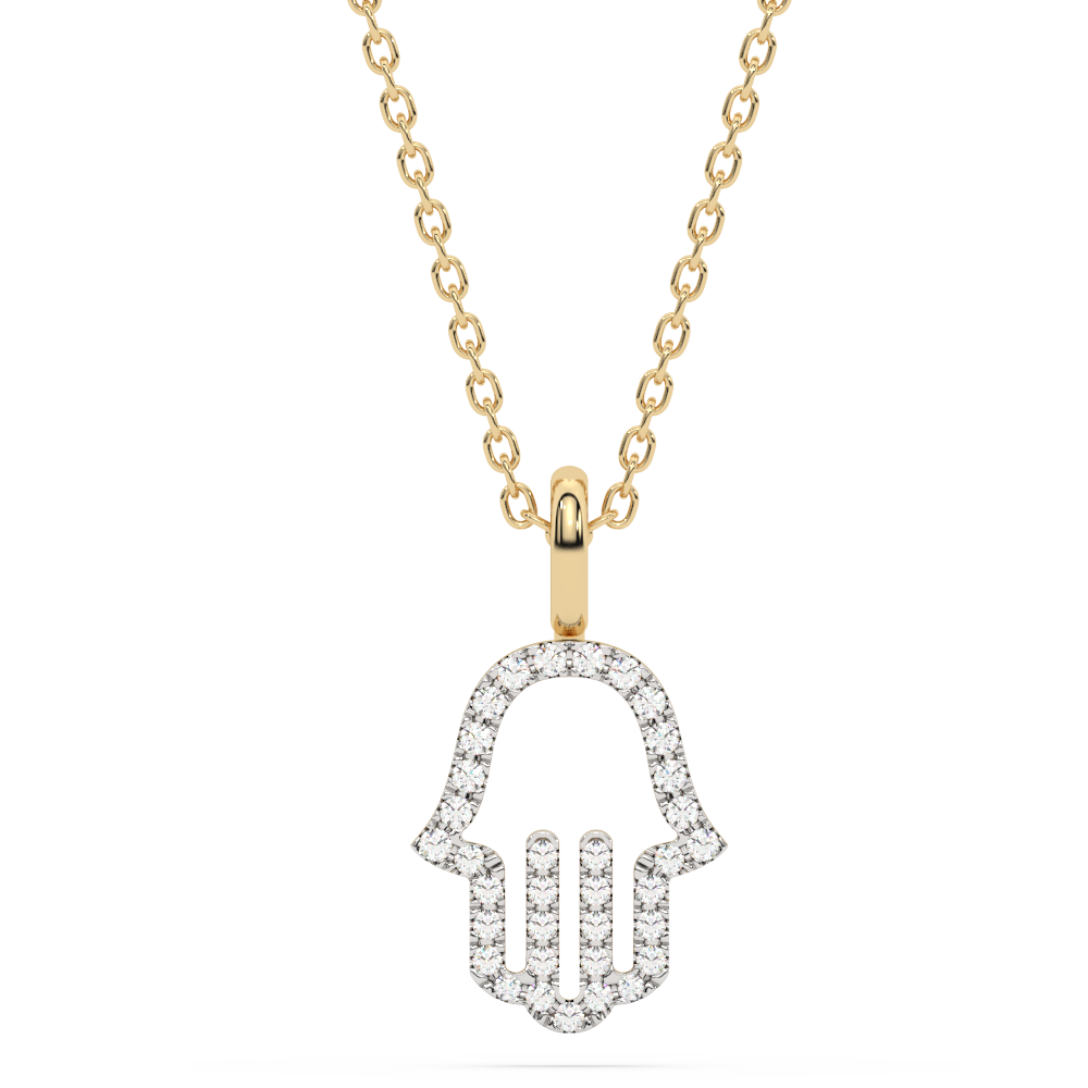 .06ct G SI 14K Yellow Gold Petite Diamond Hamsa Pendant Necklace 18" Long Chain