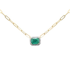 SPECIAL!1.97ct G SI 14K Yellow Gold Cushion Shape Diamond & Natural Green Emerald Gemstone Paper Clip Necklace  15+2" Ext Long Chain
