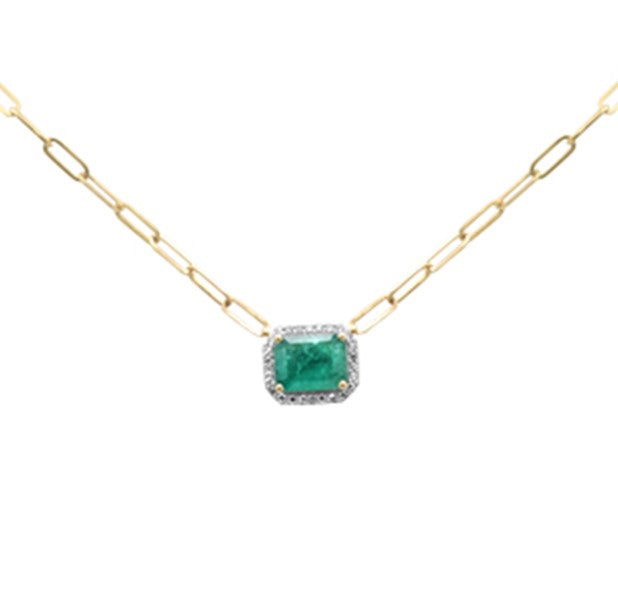 SPECIAL!1.97ct G SI 14K Yellow Gold Cushion Shape Diamond & Natural Green Emerald Gemstone Paper Clip Necklace  15+2" Ext Long Chain