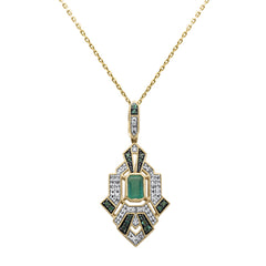 SPECIAL! .89ct G SI 14K Yellow Gold Diamond & Emerald Gemstones Geometric Pendant Necklace 18" Long Chain