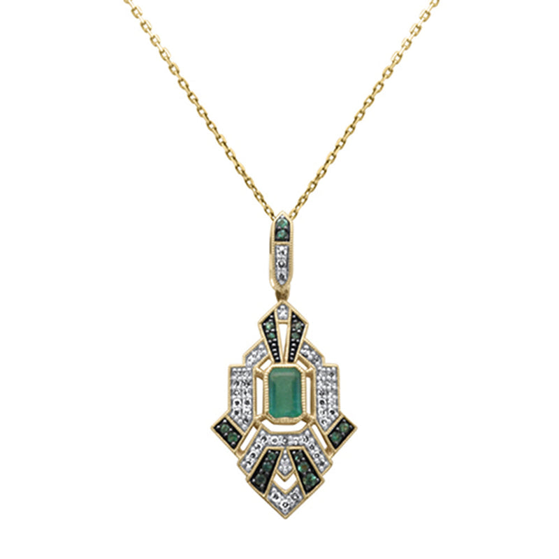 SPECIAL! .89ct G SI 14K Yellow Gold Diamond & Emerald Gemstones Geometric Pendant Necklace 18" Long Chain