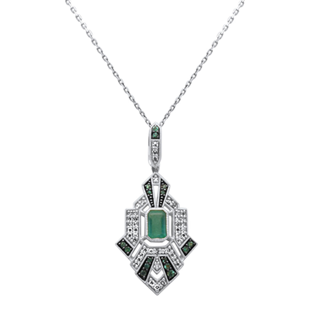 SPECIAL! .89ct G SI 14K White Gold Diamond & Emerald Gemstones Geometric Pendant Necklace 18" Long Chain