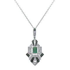 SPECIAL! .89ct G SI 14K White Gold Diamond & Emerald Gemstones Geometric Pendant Necklace 18" Long Chain