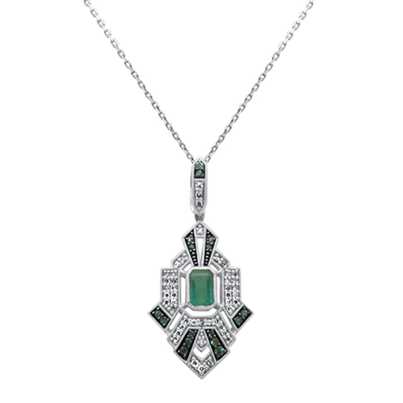 SPECIAL! .89ct G SI 14K White Gold Diamond & Emerald Gemstones Geometric Pendant Necklace 18" Long Chain