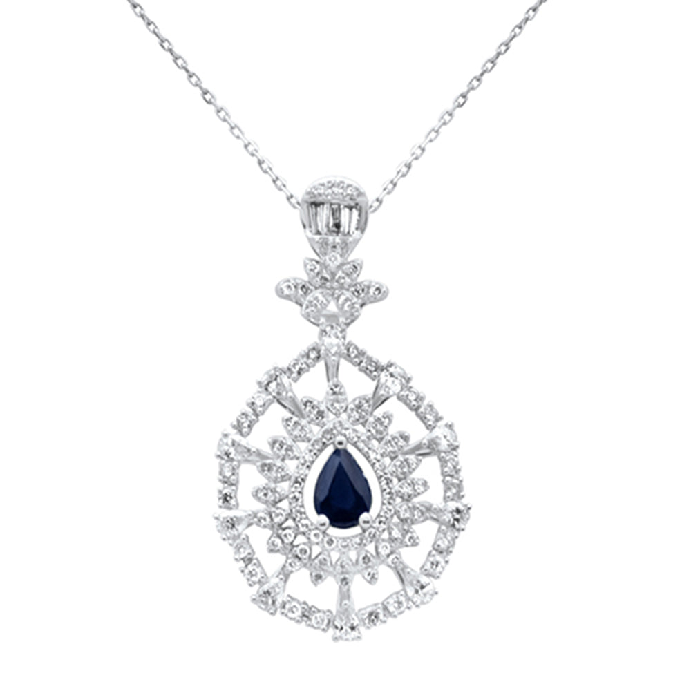 SPECIAL! 2.67ct G SI 14K White Gold Pear Shape Diamond & Blue Sapphire Gemstones Pendant Necklace 18" Long Chain
