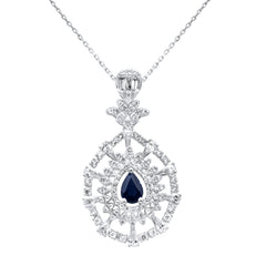 SPECIAL! 2.67ct G SI 14K White Gold Pear Shape Diamond & Blue Sapphire Gemstones Pendant Necklace 18" Long Chain