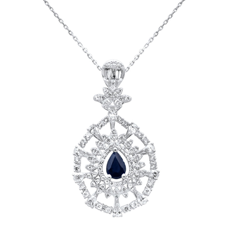 SPECIAL! 2.67ct G SI 14K White Gold Pear Shape Diamond & Blue Sapphire Gemstones Pendant Necklace 18" Long Chain