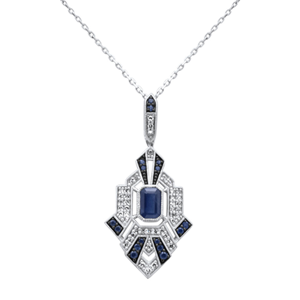 SPECIAL! 1.22ct G SI 14K White Gold Diamond & Blue Sapphire Gemstones Geometric Pendant Necklace 18" Long Chain