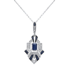 SPECIAL! 1.22ct G SI 14K White Gold Diamond & Blue Sapphire Gemstones Geometric Pendant Necklace 18" Long Chain