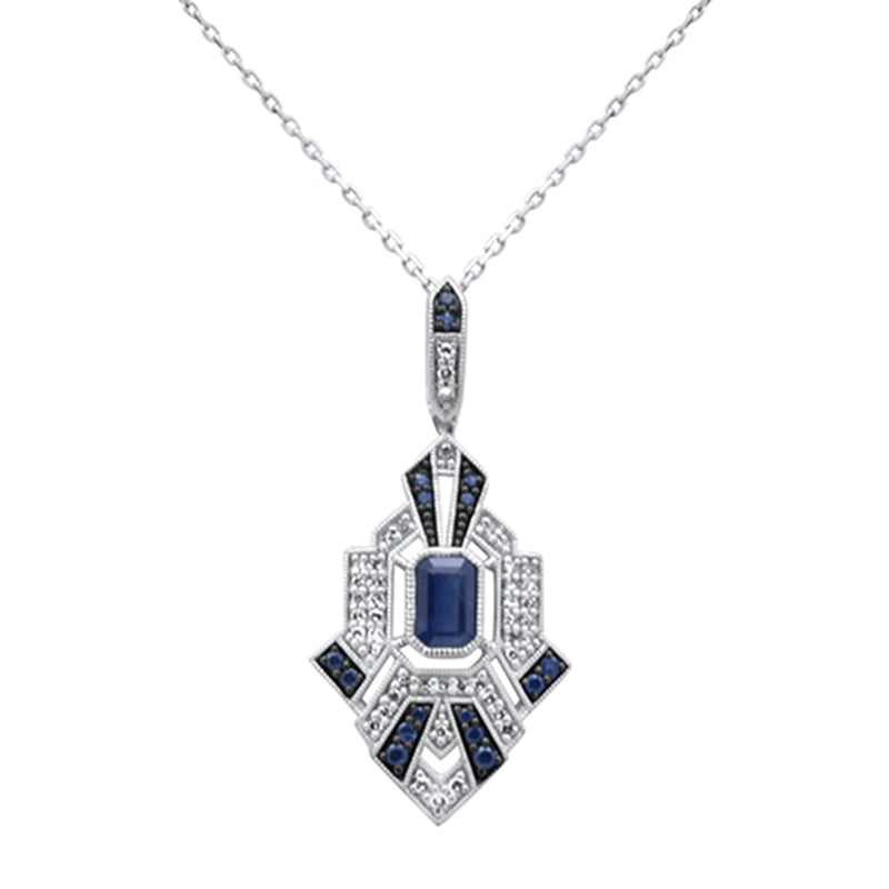 SPECIAL! 1.22ct G SI 14K White Gold Diamond & Blue Sapphire Gemstones Geometric Pendant Necklace 18" Long Chain