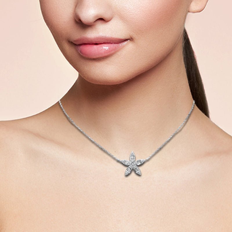 SPECIAL!.25ct G SI 14K White Gold Round & Baguette Diamond Pendant Necklace 18" Long Chain