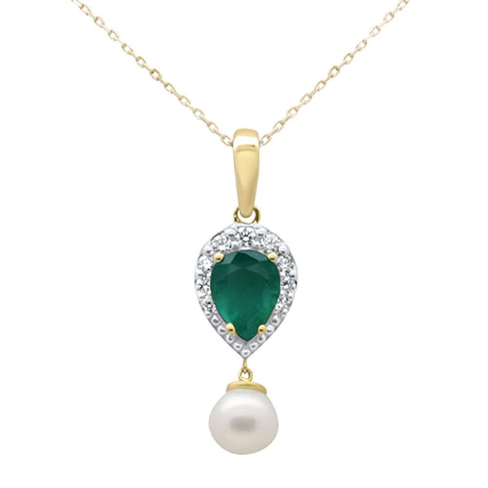SPECIAL! 4.22ct G SI 14K Yellow Gold Diamond Natural Emerald & Freshwater Pearl Pendant Necklace 18" Long