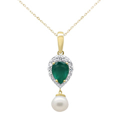 SPECIAL! 4.22ct G SI 14K Yellow Gold Diamond Natural Emerald & Freshwater Pearl Pendant Necklace 18" Long