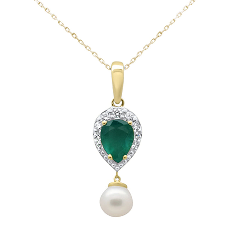SPECIAL! 4.22ct G SI 14K Yellow Gold Diamond Natural Emerald & Freshwater Pearl Pendant Necklace 18" Long
