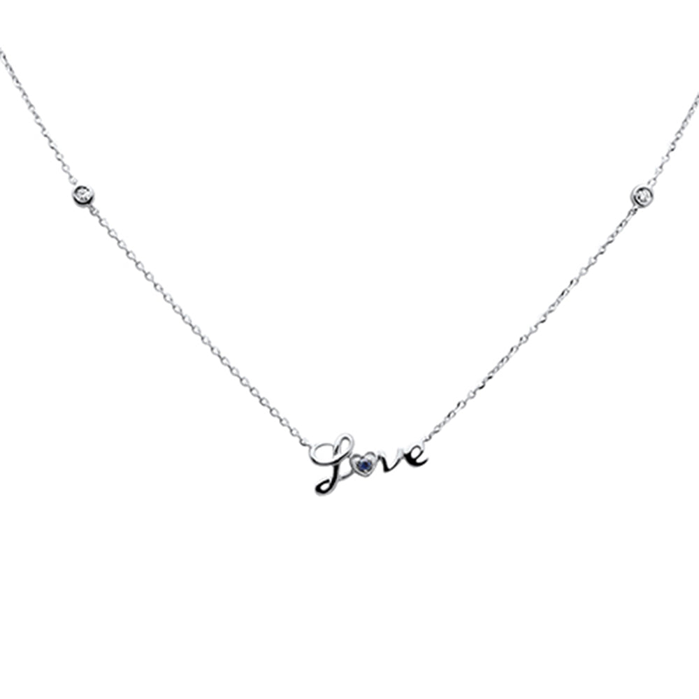 .07ct G SI 14K White Gold Diamond & Blue Sapphire Gemstones "Love" Pendant Necklace 16+2" Ext Long