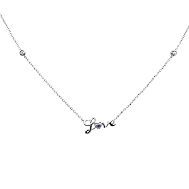 .07ct G SI 14K White Gold Diamond & Blue Sapphire Gemstones "Love" Pendant Necklace 16+2" Ext Long