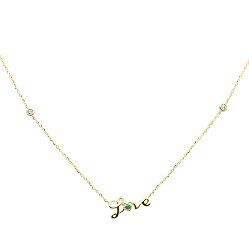 .07ct G SI 14K Yellow Gold Diamond & Emerald Gemstones "Love" Pendant Necklace 16+2" Ext Long