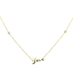 .07ct G SI 14K Yellow Gold Diamond & Emerald Gemstones "Love" Pendant Necklace 16+2" Ext Long