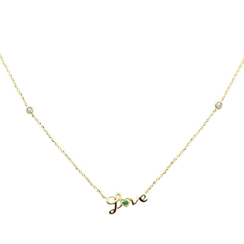 .07ct G SI 14K Yellow Gold Diamond & Emerald Gemstones "Love" Pendant Necklace 16+2" Ext Long