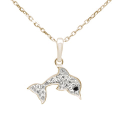 .11ct G SI 14K Yellow Gold Diamond Dolphin Pendant Necklace 18" Long