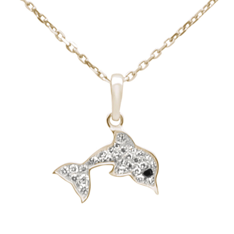 .11ct G SI 14K Yellow Gold Diamond Dolphin Pendant Necklace 18" Long