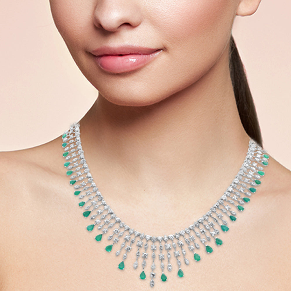 SPECIAL! 17.54ct G SI 14K White Gold Diamond & Natural Emerald Gemstones Pendant Necklace 16" Long