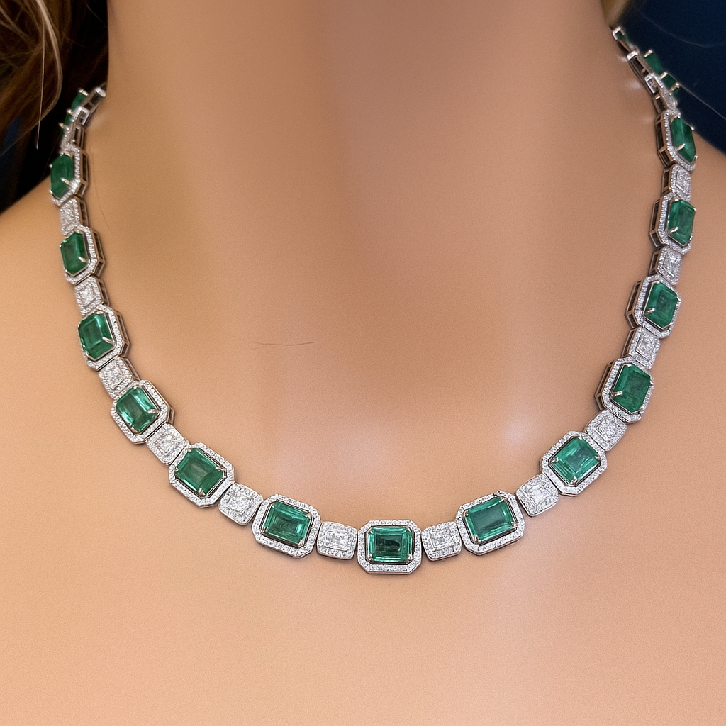 SPECIAL! 38.73ct G SI 14K White Gold Diamond & Natural Emerald Gemstones Pendant Necklace 16" Long