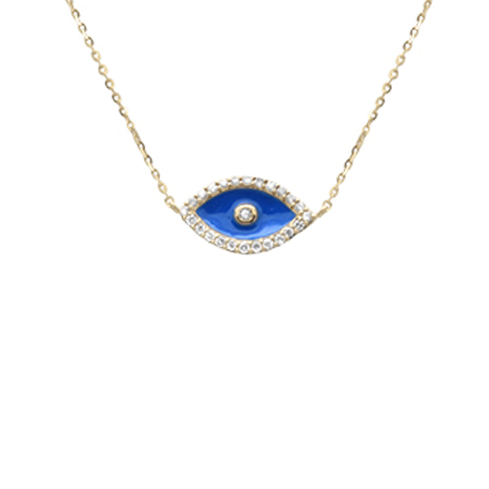 SPECIAL! .13ct G SI 14K Yellow Gold Diamond Blue Enamel Evil Eye Pendant Necklace 16+2" Ext