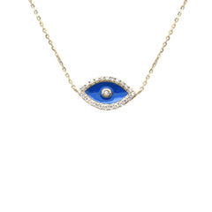 SPECIAL! .13ct G SI 14K Yellow Gold Diamond Blue Enamel Evil Eye Pendant Necklace 16+2" Ext