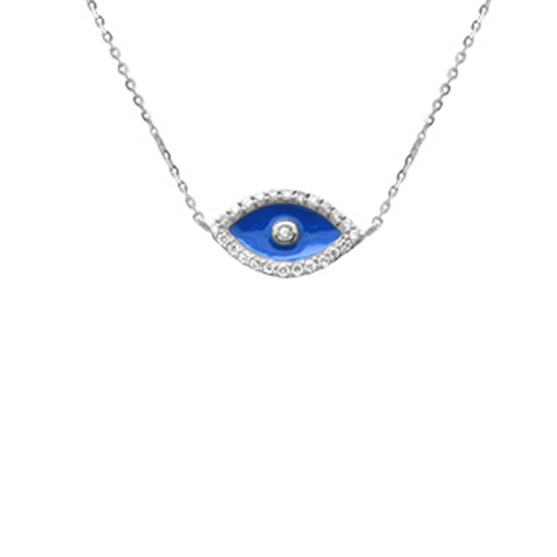 SPECIAL! .13ct G SI 14K White Gold Diamond Blue Enamel Evil Eye Pendant Necklace 16+2" Ext