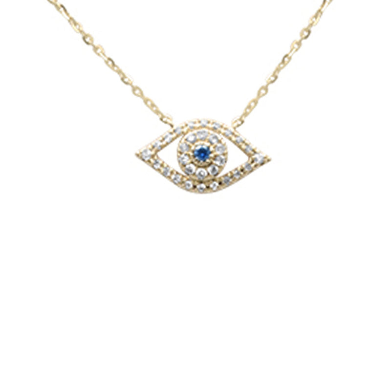.12ct G SI 14K Yellow Gold Diamond & Blue Sapphire Gemstones Evil Eye Pendant Necklace 16+2" Ext