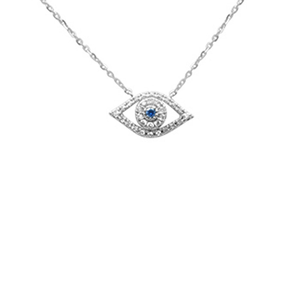 .11ct G SI 14K White Gold Diamond & Blue Sapphire Gemstones Evil Eye Pendant Necklace 16+2" Ext
