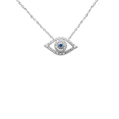 .11ct G SI 14K White Gold Diamond & Blue Sapphire Gemstones Evil Eye Pendant Necklace 16+2" Ext