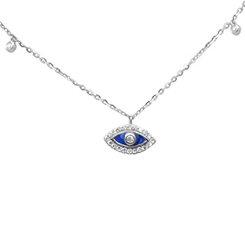DIAMOND CLOSEOUT! .08ct G SI 14K White Gold Diamond Blue Enamel Evil Eye Pendant Necklace 16+2" Ext