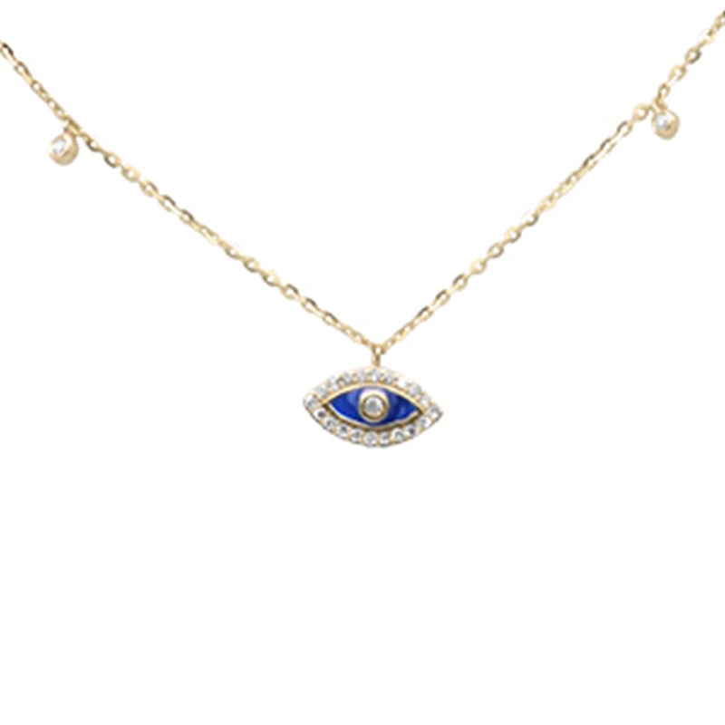 DIAMOND CLOSEOUT! .08ct G SI 14K Yellow Gold Diamond Blue Enamel Evil Eye Pendant Necklace 16+2" Ext
