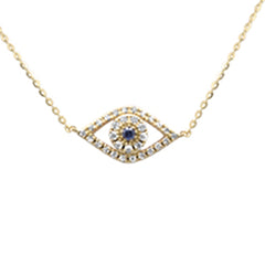 .16ct G SI 14K Yellow Gold Diamond & Blue Sapphire Gemstones Evil Eye Pendant Necklace 16+2" Ext
