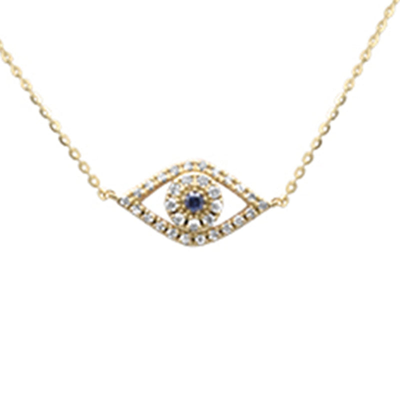 .16ct G SI 14K Yellow Gold Diamond & Blue Sapphire Gemstones Evil Eye Pendant Necklace 16+2" Ext